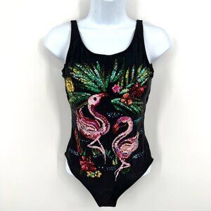 Y2K Michael Simon Black One Piece Swimsuit with Sequin Flamingos Glitter Bling S